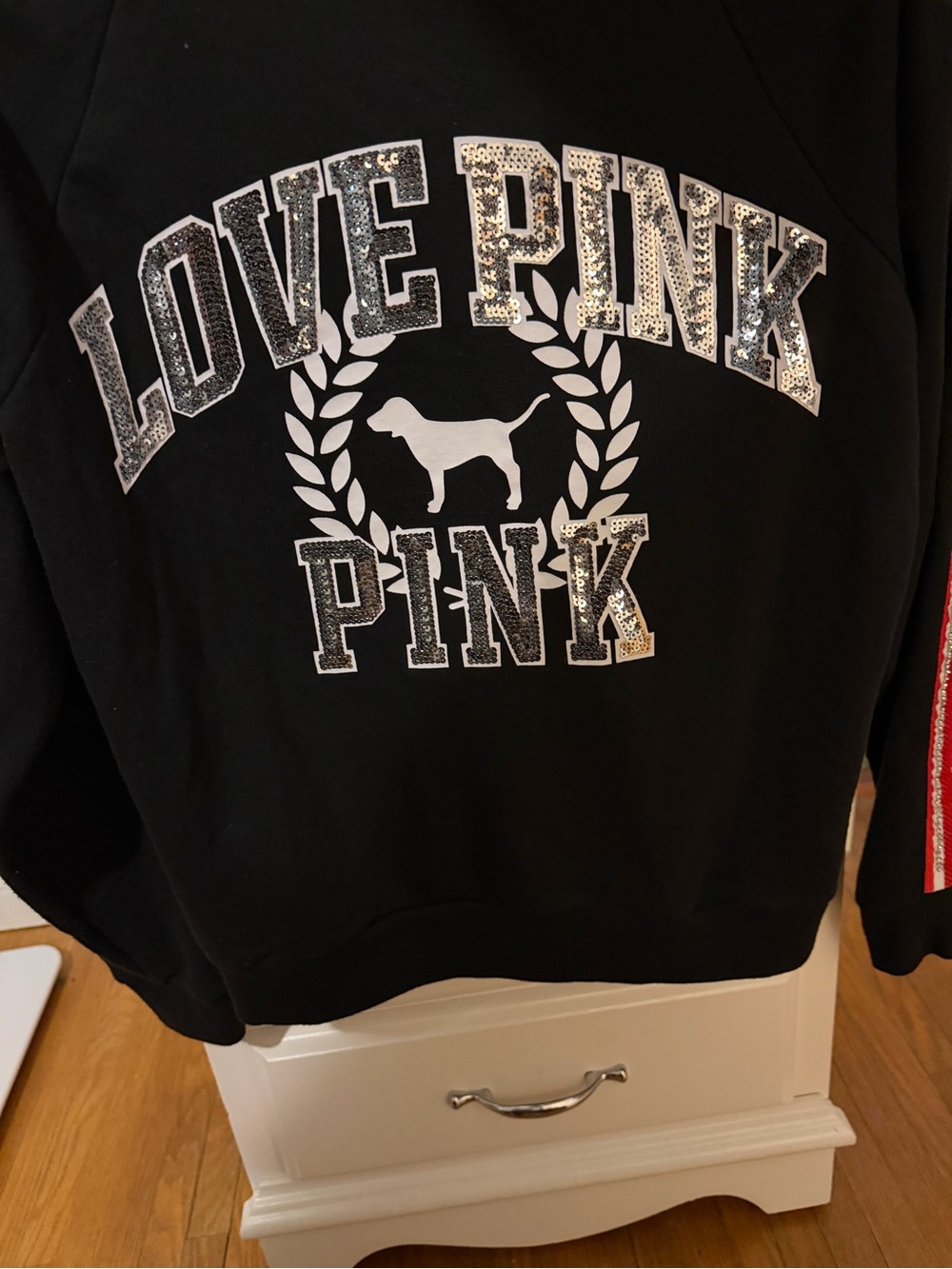 Medium Victoria's Secret PINK Black Hoodie with Logo and Silver & Red Sequins